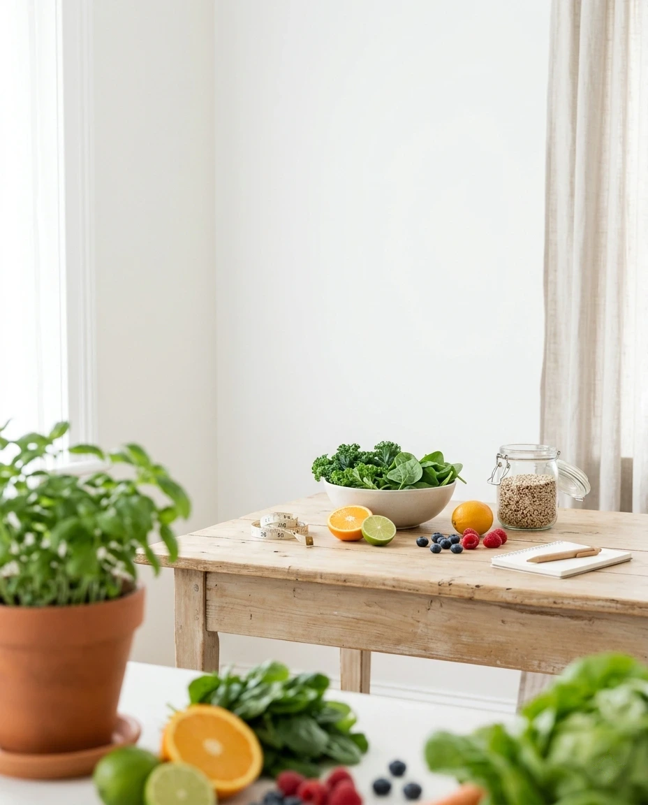 Assortiment de légumes et fruits frais et colorés disposés sur une surface en bois clair — évoque une alimentation saine, équilibrée et appétissante